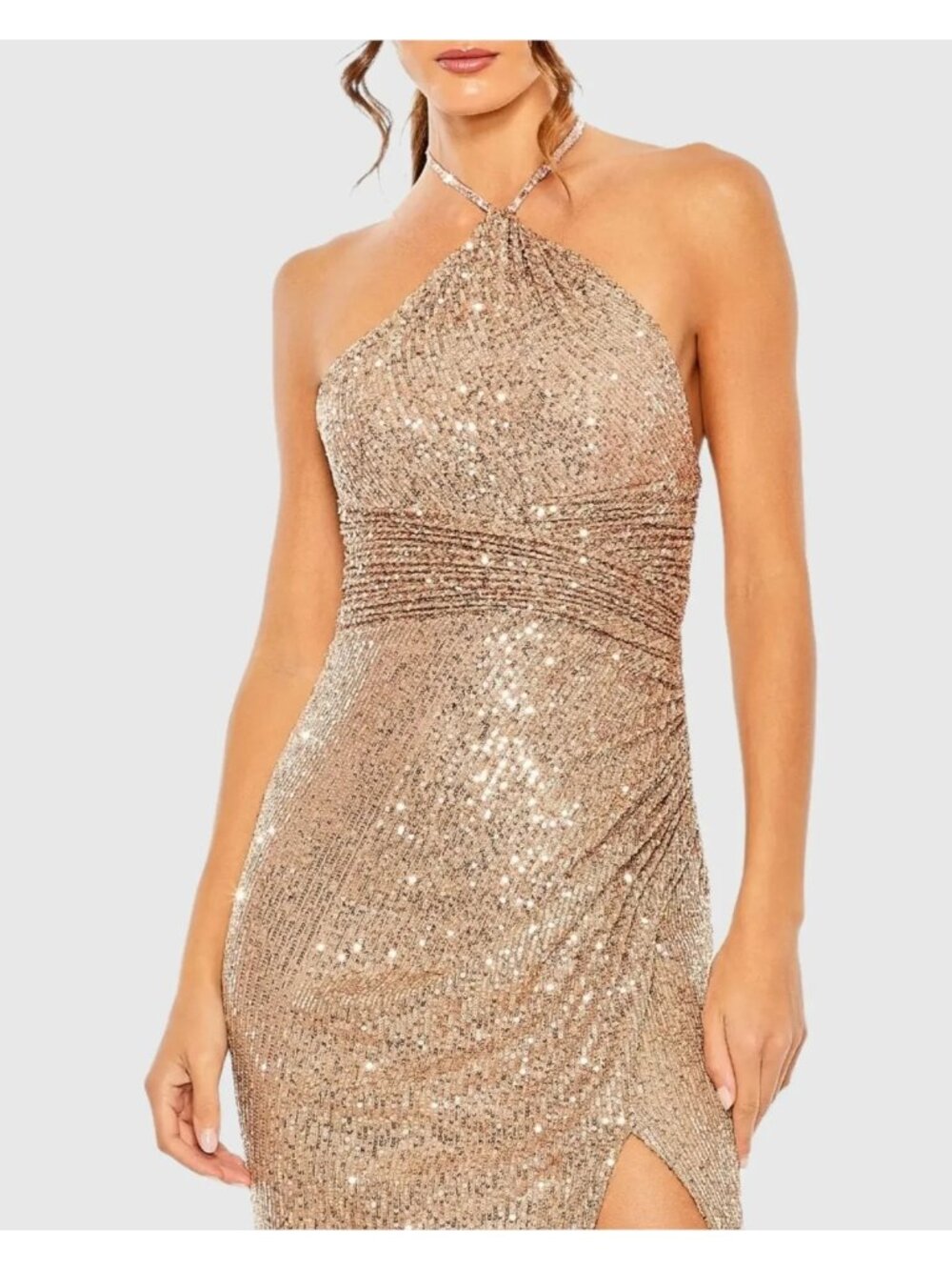 Mac Duggal 27128 Copper Sequin Halter Gown With High Slit Size 12 NWT